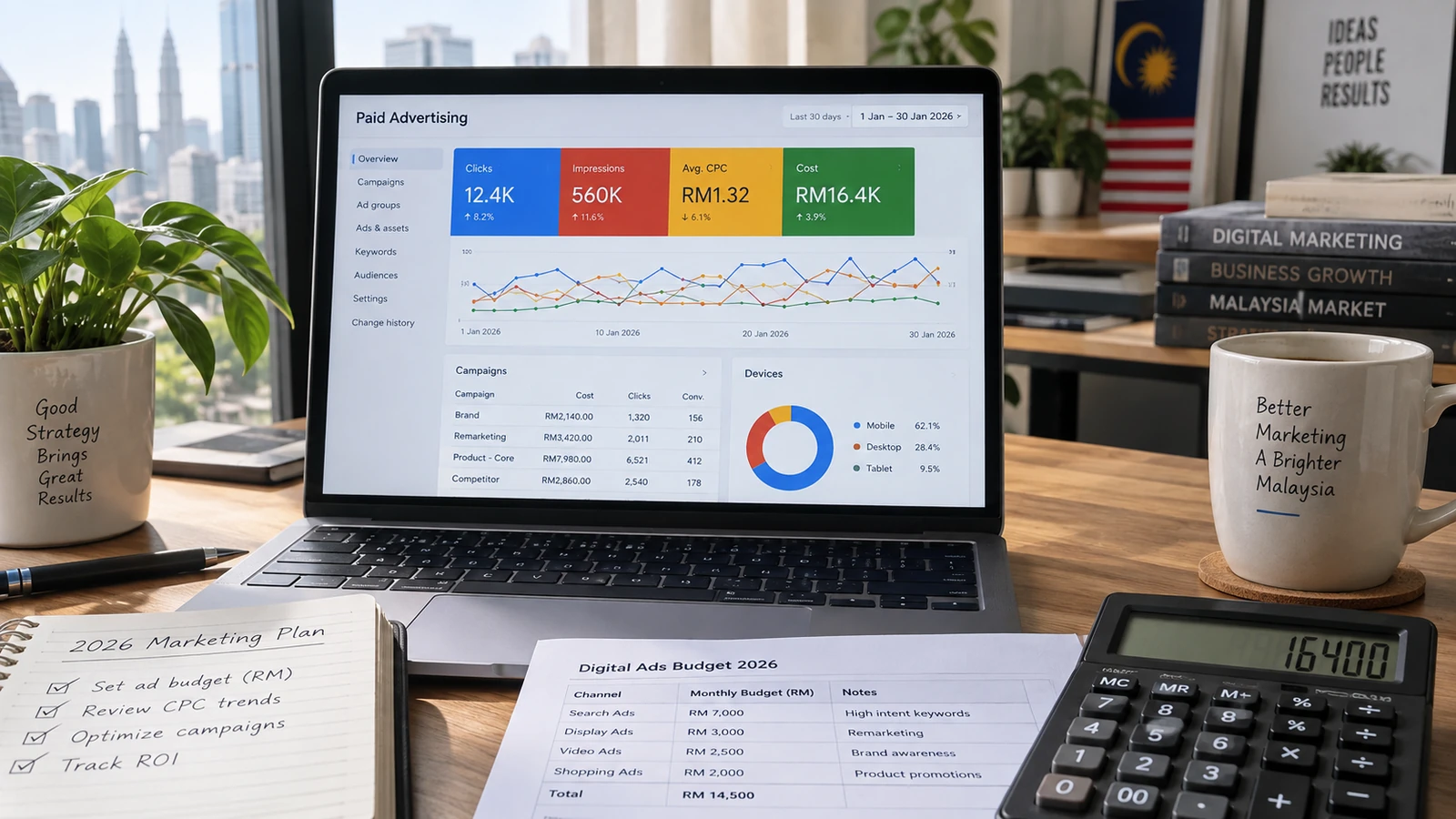 Google Ads cost and budget planning for a Malaysian business reviewing CPC, ad spend and campaign management fees