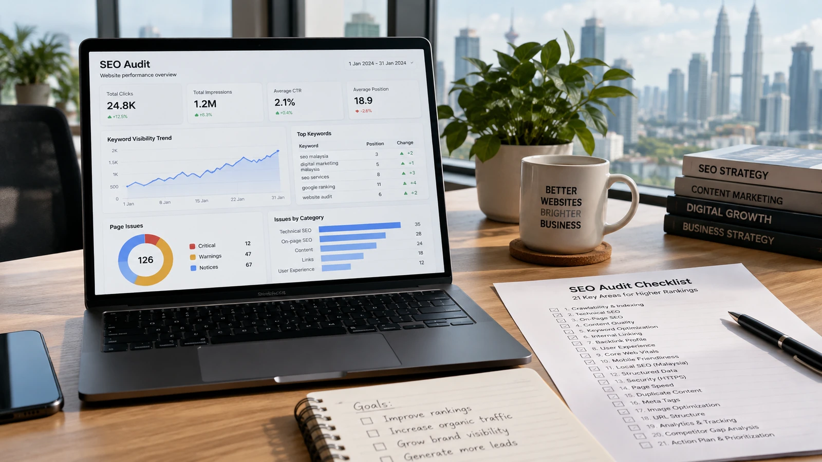 SEO audit checklist for a Malaysian business website covering technical SEO, indexing, content and Google Search visibility