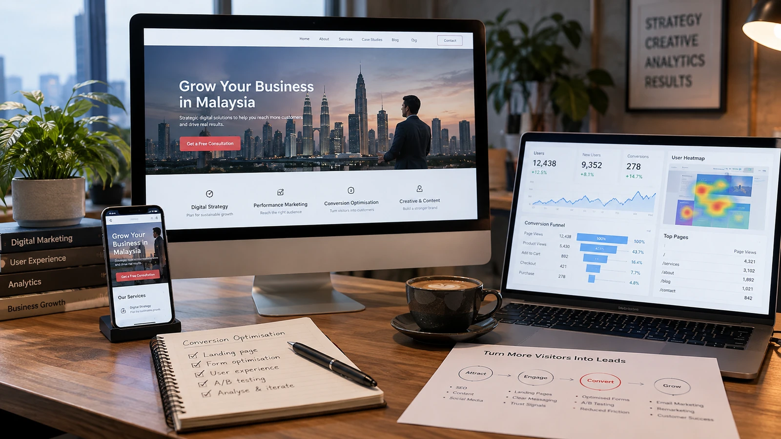 Website conversion optimisation concept showing a Malaysian business improving landing page enquiries and customer journey